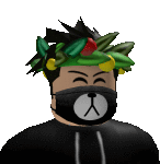 a roblox character wearing a mask and a crown of leaves on his head .