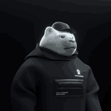 a white bear wearing a black hoodie that says crypto russian bears squad