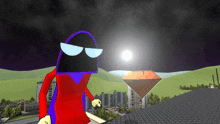 a cartoon character wearing sunglasses and a red shirt is standing in front of a city