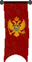 a red banner with a gold eagle and a crown on it