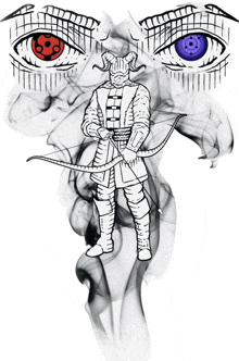 a drawing of a man with a bow and arrow surrounded by smoke and eyes