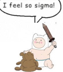 finn from adventure time is holding a wooden sword and a teddy bear .