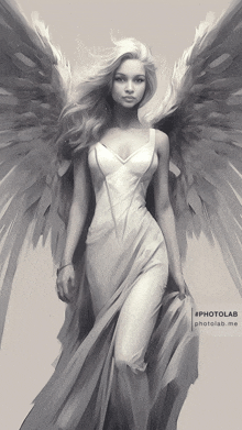 a black and white painting of a woman with angel wings and the hashtag #photolab