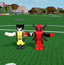 a cartoon of wolverine and deadpool standing on a field with the name fabrinho in the background