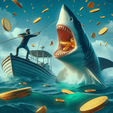 a shark is attacking a man on a boat with coins falling around