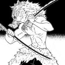 a black and white drawing of a man with a boar mask holding a sword .