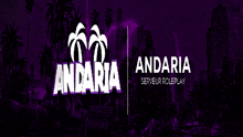 a purple banner for andaria server roleplay with palm trees in the background