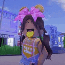 a girl with a pink bow on her head and a lemon in her mouth is standing on a street .