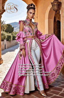 a woman in a pink and white dress with a poem written in another language