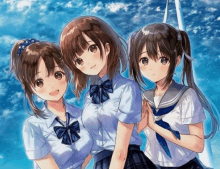 three anime girls are standing next to each other