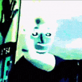 a blurry picture of a person 's face with a clock behind them