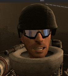 a man wearing a helmet and goggles is smiling in a shot1 screen shot