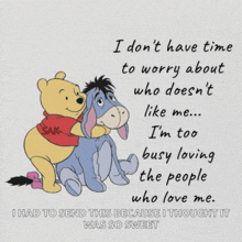 a poster of winnie the pooh and eeyore hugging with a quote