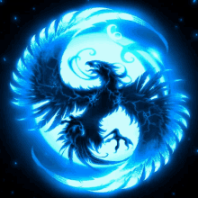 a phoenix is surrounded by a blue circle with feathers