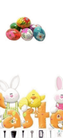 a bunch of colorful easter eggs are floating in the air