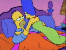 a cartoon of homer simpson and marjorie simpson laying in bed