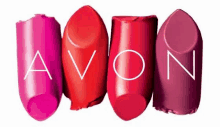 four different shades of avon lipstick are shown on a white background