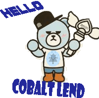 a teddy bear wearing a hat and a shirt that says cobalt lend on it