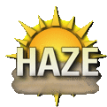 a picture of a sun with the word haze in white letters