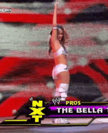 a female wrestler is standing in front of a screen that says nxt pros the bella 1