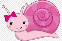 a pink snail with a pink bow on it 's head .