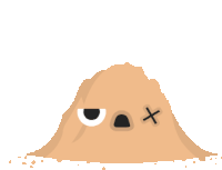 a cartoon drawing of a pile of dirt with eyes and a cross on it