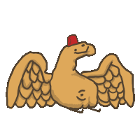 a bird with wings and a red hat on its head