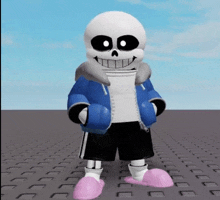 sans from undertale is wearing a blue jacket and black shorts and holding a cup .