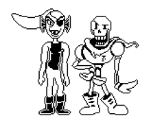 a black and white pixel art of a skeleton and an elf standing next to each other on a white background .