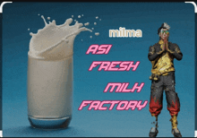 a man standing next to a glass of milk with the words milma asi fresh milk factory below him