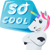 a unicorn with a rainbow horn is standing next to an ice cube that says so cool