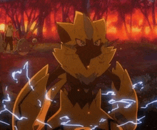 a pokemon is standing in the middle of a forest with lightning coming out of it .