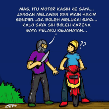 a cartoon of a man holding a knife talking to another man riding a motorcycle