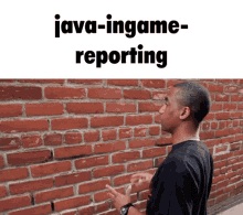 a man standing in front of a brick wall with the words java-ingame-reporting written above him