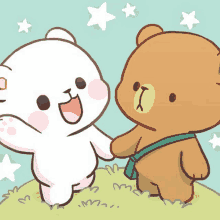 a white teddy bear and a brown teddy bear are holding hands on a hill .