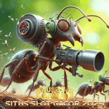 an advertisement for situs slot gacor shows an ant with a gun and headphones