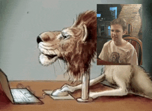 a drawing of a lion sitting at a desk next to a young girl