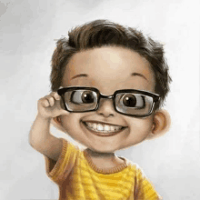 a cartoon boy wearing glasses and a yellow shirt is smiling and adjusting his glasses .