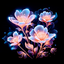 glowing flowers on a black background with glowing leaves