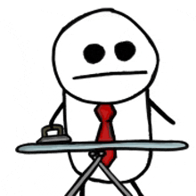 a stick figure with a red tie is ironing on an ironing board