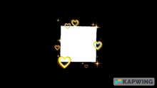 a white square surrounded by gold hearts and stars on a black background