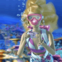 a barbie doll is taking a picture of herself in the water