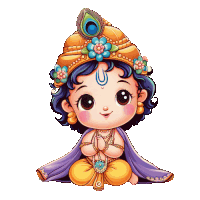 a baby krishna with a peacock feather on his hat