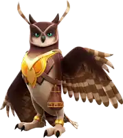 a brown and white owl with blue eyes is wearing a saddle