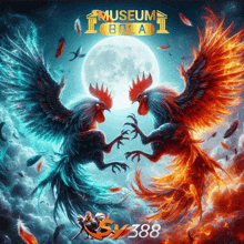 two roosters are fighting in front of a full moon in a museum bola poster