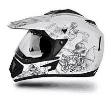 a white motorcycle helmet with a picture of a skeleton on it on a white background .