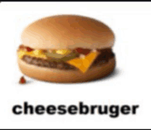 a cheeseburger with a bite taken out of it is on a white background with the word cheesebruger below it .