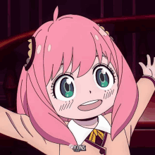 a cartoon girl with pink hair and green eyes has icons written on the bottom