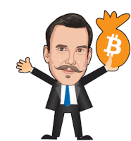 a man in a suit and tie is holding a bag of money with a bitcoin sign on it