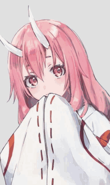 a girl with pink hair and horns covering her face with a white cloth